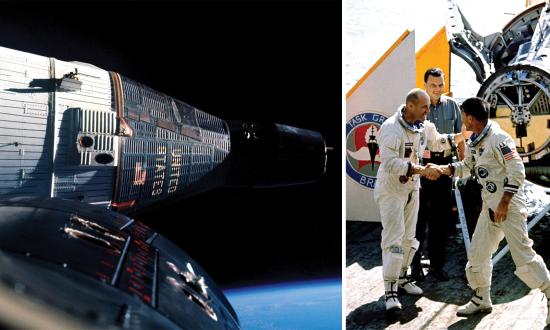 Left, Wally Schirra and Tom Stafford on board the USS Wasp (CV-18) celebrate completion of their flight, in which they performed the world’s first rendezvous in space. Right, Gemini 7 photographed through the hatch window of their Gemini 6 spacecraft.