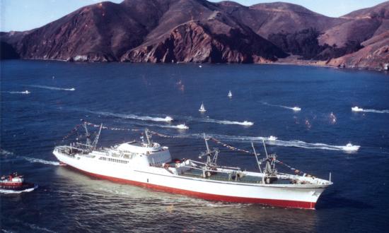 The NS Savannah, the first commercial nuclear-powered cargo/passenger vessel, en route to the 1962 World’s Fair in Seattle. According to Captain Frank Shellenbarger, one of her chief officers, she almost did not make it off the ways.