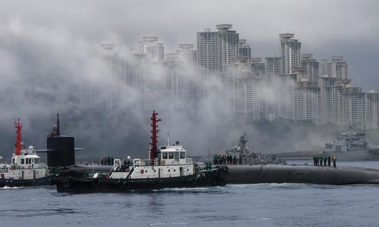 The Ohio-class ballistic-missile submarine USS Kentucky (SSBN-737) pulls into port in Busan, the first time an SSBN has made a port call in South Korea in 40 years. Using the submarine leg of the triad as a show of force demonstrates resolve and assures U.S. allies and deters adversaries such as China who have shown signs of building up their nuclear arsenal.