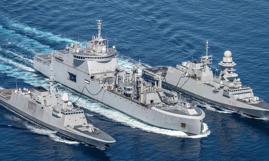 The French replenishment ship Jacques Chevallier (center) and the French and Italian multimission frigates Provence (left) and Carabinieri. European navies must stress wartime logistics conditions in complex exercises.