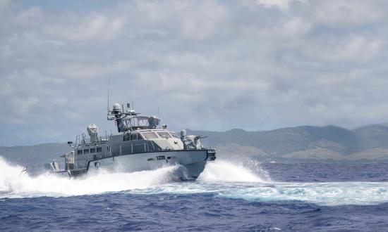 A MK VI patrol boat, assigned to Coastal Riverine Group (CRG) 1 Detachment Guam, maneuvers off the coast of Guam April 6, 2017. 