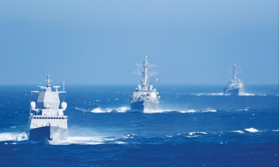  Royal Norwegian Navy frigate HNoMS Roald Amundsen (F 311), USS Winston S. Churchill (DDG 81) and USS Gravely (DDG 107) transit the Atlantic Ocean as part of the Harry S. Truman Carrier Strike Group (HSTCSG) while conducting its composite training unit exercise (COMPTUEX)