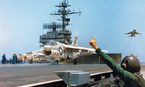 An A-7 Corsair II prepares to take off from the USS John F. Kennedy (CV-67)