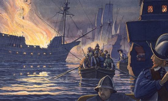 Spanish vessels gathering at Cadiz, Spain, in preparation for an invasion of England are put to the torch by Sir Francis Drake in a daring preemptive strike, 1587.
