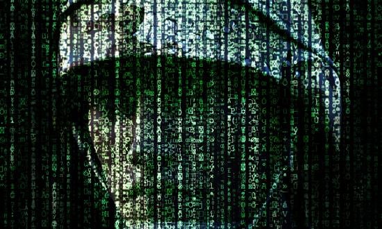 Marine silhoutted by computer code