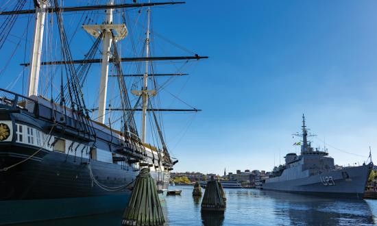 USS Constellation and the training ship Brasil moored in Baltimore's Inner Harbor