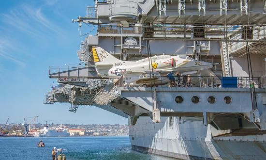 Midway’s A-4F Skyhawk on the lowered aft side elevator