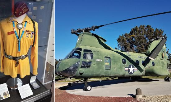 One of the museum’s exhibits displays a uniform worn by Navajo Code Talkers, who trained at Camp Elliott, today’s East Miramar.  The Lady Ace 09 helicopter that evacuated the U.S. ambassador from the Saigon embassy in 1975 also is on display.