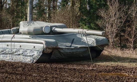A Challenger 2 tank inflatable replica decoy on Salisbury Plain, United Kingdom.