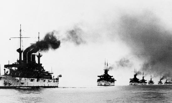 Battleships of the Great White Fleet entering Puget Sound, Washington, in 1908. 