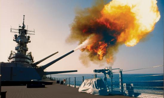 Targeting Iraqi assets in Kuwait, the USS Wisconsin (BB-64) fires a round from one of her Mark 7 16-inch/50-caliber guns in turret no. 1, adding her firepower to a war that necessitated a shift from “widely accepted doctrines and methods of operation.”
