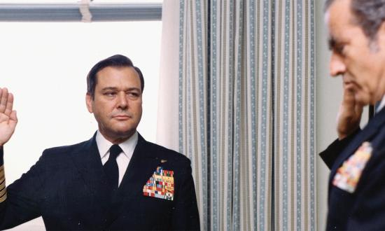 Chief of Naval Operations Admiral Elmo Zumwalt swears in James Holloway as his Vice Chief of Naval Operations (VCNO), August 1973. As VCNO, Holloway was supportive of Zumwalt’s vision for the Navy, but when he became CNO in 1974, he blazed his own trail.