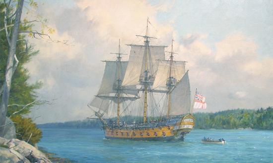 Geoffrey Hunt, Trouble Heading for Wiscasset: H.M.S. Rainbow in the Sheepscot River, Maine, 10th September 1777 (Private Collection)