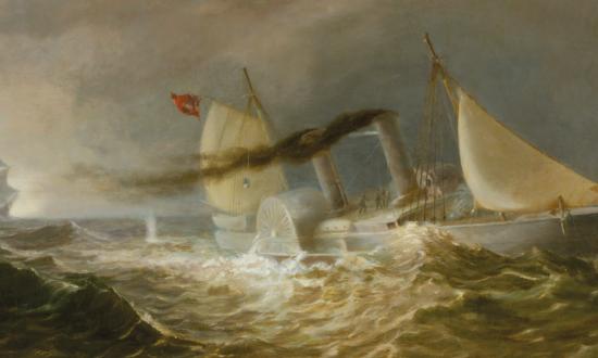 On a stormy sea, a blockade runner, likely the Scotia, is pursued by a Union warship. While the Scotia would be captured off the South Carolina coast, steam-powered blockade runners had an estimated 80 percent chance of slipping past blockaders and into or out of Confederate ports.