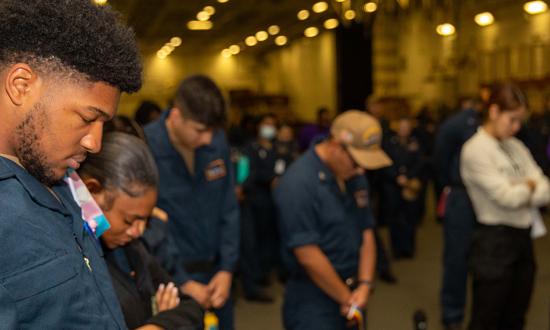 Sailors on the USS Gerald R. Ford (CVN-78) attend an event during Suicide Prevention month in September 2022. One strategy for suicide prevention is encouraging service members’ pursuit of purpose and meaning through supportive leadership and unit cohesion.  