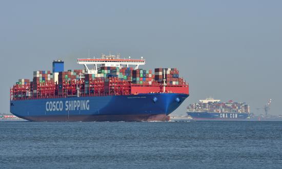 COSCO Shipping container ship Aries & CMA CGM container ship Bougainville upstreaming the river Elbe