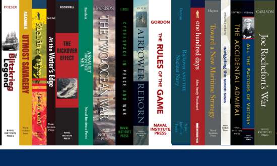 Horizontal image of book spines of the many Naval Institute Press books that are on the various service branch reading lists.