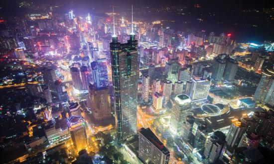 Aerial view of the city of Shenzhen in Guangdong, China at night