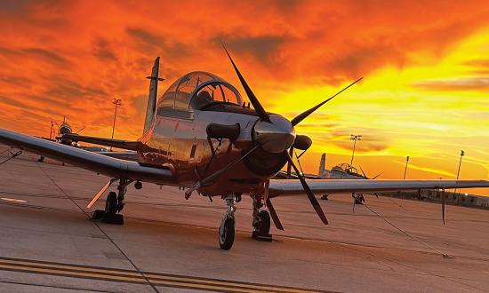A Training Squadron 10 T-6 Texan II aircraft at Naval Air Station Joint Reserve Base Fort Worth. Successful completion of the Powered Flight Program allows student aviators to bypass instruction in Cessna 172s and begin their primary phase training in the T-6.
