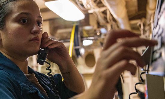 A cryptologic technician (technical) assigned to the amphibious transport dock USS New York (LPD-21) in the U.S. Naval Forces Europe and Africa area of operations.