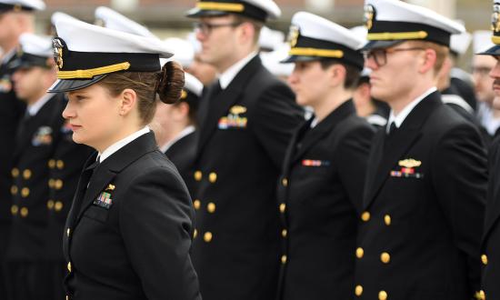 The crew of the USS Virginia (SSN-774) stands at parade rest. A shrinking submarine fleet has been able to lessen the impact of manning issues, but when submarine numbers begin to grow again, improving junior officer retention alone will not be enough.