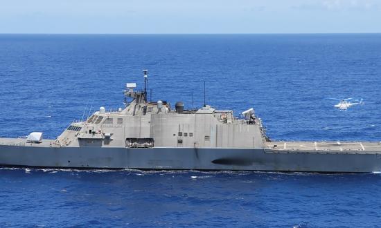 An MQ-8B Fire Scout takes off from the USS Billings (LCS-15)