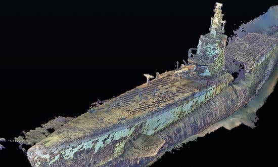 A multidimensional 4D photogrammetry model, created by the Lost 52 Project, shows the wreck of the USS Harder. Note the fatal depth-charge gash aft of the conning tower.
