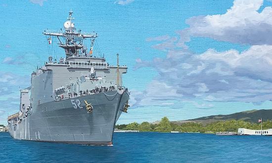 Rowe’s work depicts the Pearl Harbor arriving at Joint Base Pearl Harbor-Hickam and sailing past the USS Arizona Memorial.