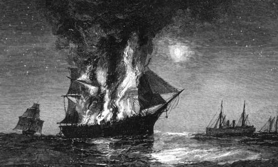 12 August 1864: The packet ship Adriatic, having fallen victim to the notorious Confederate raider Tallahassee (immediate right), lights up the sky before sinking to her grave. Divers now have located the shipwreck.