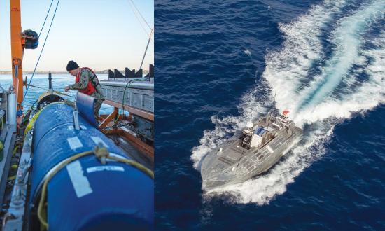 Composite of a sailor working on a Kinfefish UUV and a Unmanned Influence Sweep System USV underway