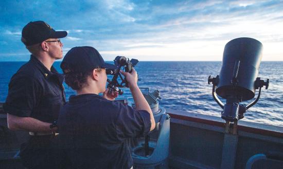 Kings Point cadets use a sextant to fix their ship’s position.