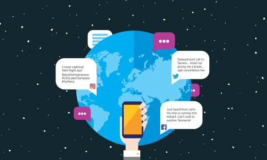 Graphic of a globe surrounded by social media posts