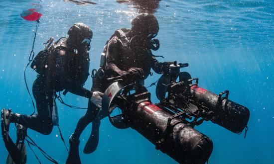 Responsible for training and equipping U.S. special operations forces (SOF), U.S. Special Operations Command has the expertise to help the joint force develop a strategy to counter adversary SOF in a future conflict. Here, Naval Special Warfare personnel operate a diver propulsion device. 