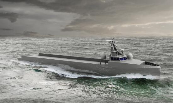 An artist’s conception of the Maritime Systems design for the medium-displacement unmanned surface vehicle, based on a commercial design by Incat Crowther.