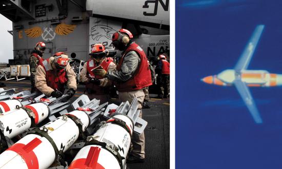 Aviation ordnancemen on the USS John C. Stennis (CVN-74) inspect Mk 62 Quickstrike mines. On the right, a Quickstrike–ER (extended range) mine deploys its wings as it drops from an Air Force B-52H bomber.