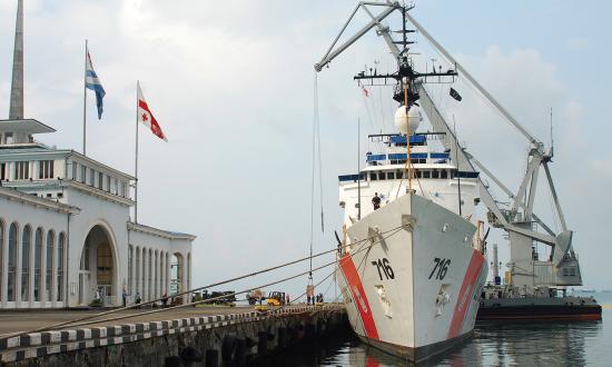 The Coast Guard Cutter Dallas (WHEC-716) offloads humanitarian relief supplies in Batumi, Republic of Georgia, in 2008.