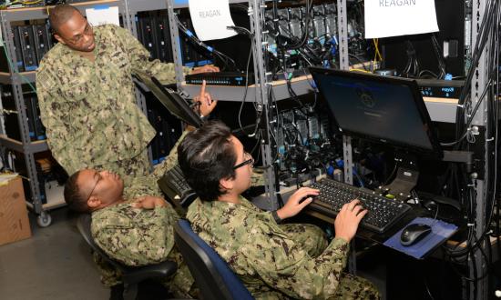 Navy information systems technicians manage an afloat network. 