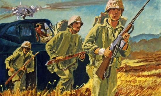 1st Marine Division Leathernecks move out after disembarking from an HRS-1 helicopter in a Korean War painting by combat artist Colonel Avery Chenoweth