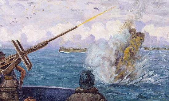 Off the Green Islands, U.S. Navy gunners fire at Japanese aircraft as one of the enemy planes splashes down nearby, in a painting by New Zealand combat artist Allan Barns-Graham. In an early D-Day strike, 15 Japanese dive bombers attacked Operation Squarepeg’s invasion convoy, scoring no serious hits while losing six aircraft.
