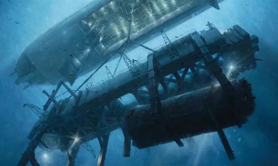 A painting depicting the 1974 retrieval of the wreckage of the K-129 by the Hughes Glomar Explorer. (Note the stylized depiction of the wreckage; it was not actually that cleanly cylindrical.)