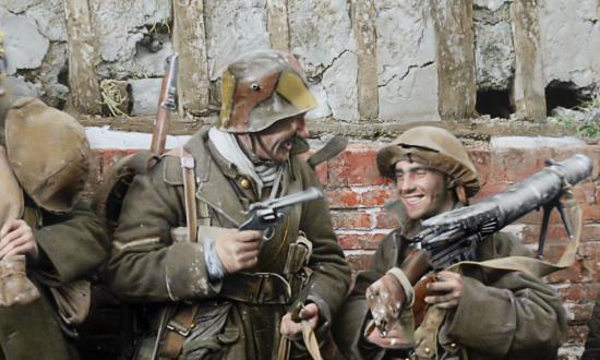 British soldiers posing with captured Imperial German equipment during World War I