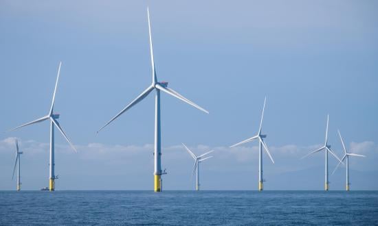 Wind turbines on the Walney Extension Offshore Wind Farm, off the coast of Cumbria, England, in the Irish Sea.