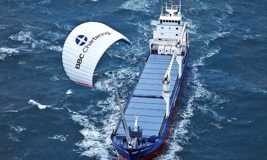 MS Beluga SkySails underway with a tethered kite sail-assist system