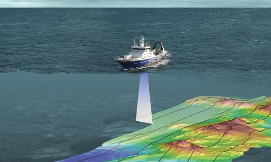 A hydrographic survey ship uses a multibeam sonar seafloor mapping system.