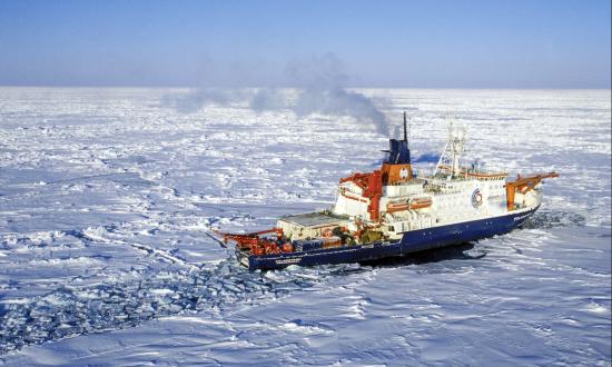 The German research icebreaker 'Polarstern' belonging to the 'Alfred-Wegener-Institute for Ocean and Polar Research' drives through the pack ice at the Storfjord off the coast of Spitzbergen, Norway, 14 March 2003