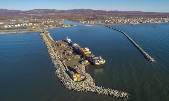 Aerial view of the harbor at Nome, Alaska