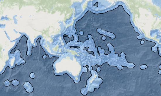 On this map, 200–nautical mile exclusive economic zones are shown in light blue, and the high seas, which will be covered by the new treaty, are in dark blue.