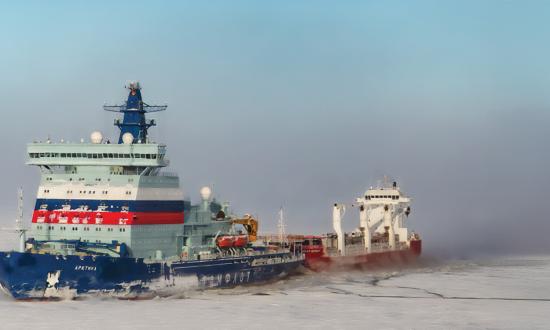 The Russian nuclear- powered icebreaker Artika escorting a vessel on the Northern Sea Route.  Much has been said about new, shorter trade routes in the Arctic Ocean, made possible by the retreat of Arctic sea ice, but serious constraints remain.