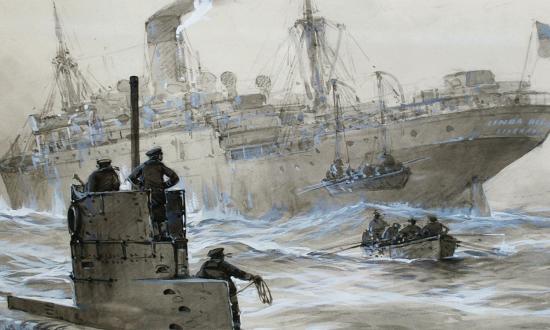 A German depiction of the U-boat attack on the merchant ship Linda Blanche during World War I. The Linda Blanche was sunk on 30 January 1915 by U-21, under the command of Lieutenant Otto Hersing.