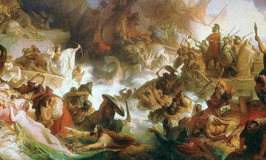 Queen Artemisia of Halicarnassus is at center left of Wilhelm von Kaulbach’s painting of the Battle of Salamis shooting arrows at the Greek fleet. The queen-commander had earned Xerxes’ respect by showing more courage than her male counterparts.